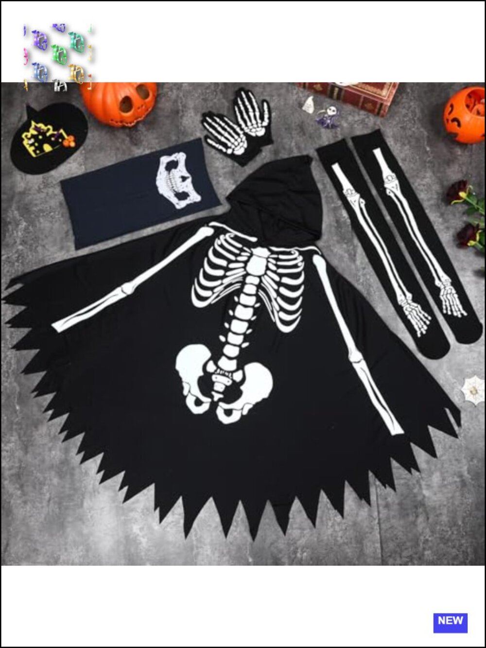 Skeleton Halloween Costume Set Women Poncho Gloves Stockings Mask - Picture 6 of 6